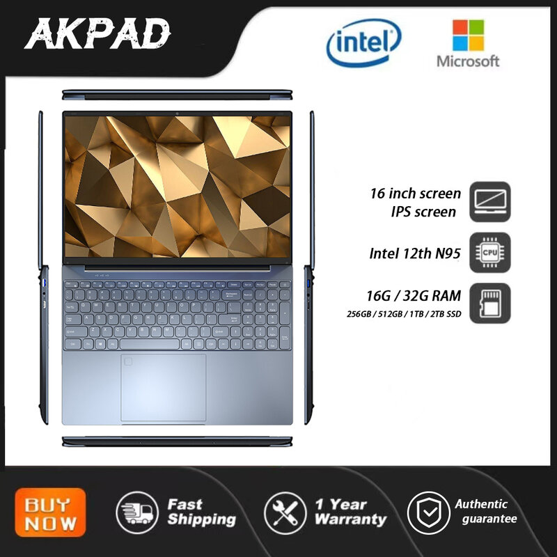 QMDZ Laptop Intel 12 N95 16.1 inci, komputer belajar kantor Windows 10 11 Pro Notebook Gaming 16G 32G DDR4