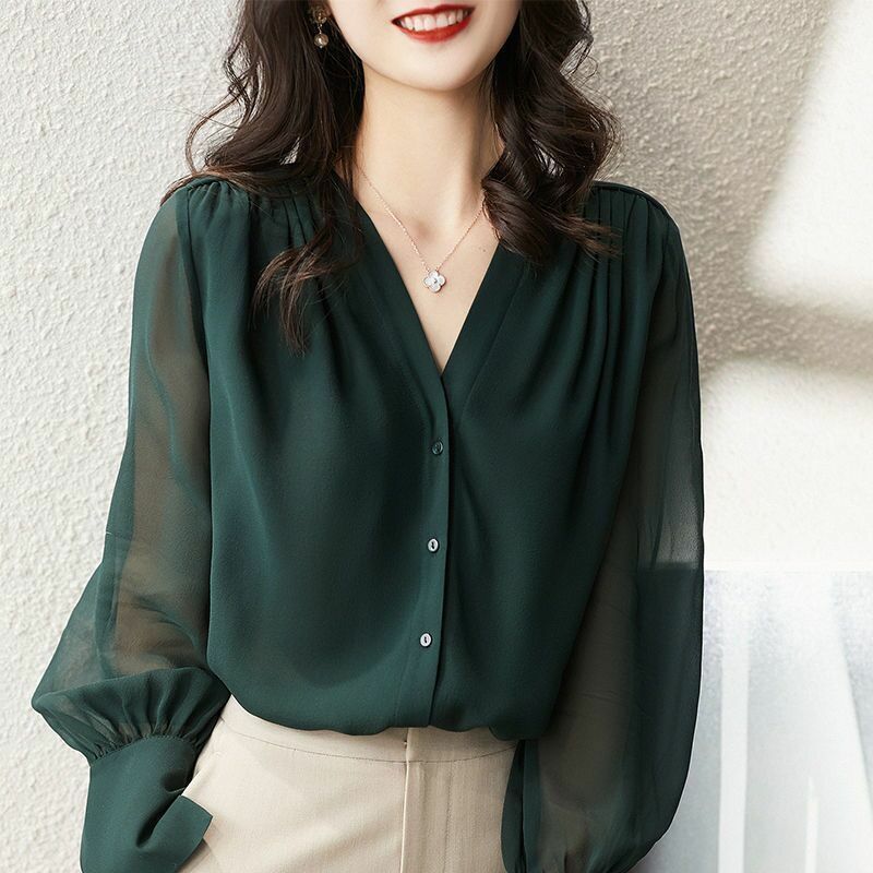 Spring Summer New Temperament Thin Long Sleeve Blouse Solid Color Button Loose Office Shirt Tops Elegant Vintage Women Clothing