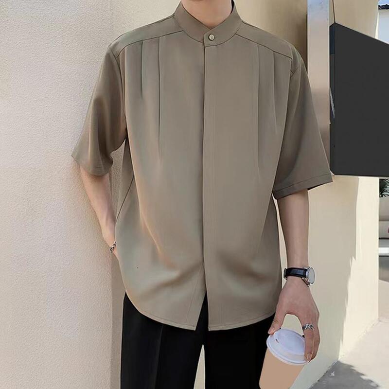Men Shirt Stylish Men's Stand Collar Ice Silk Cardigan for Summer Office Wear Pleated Loose Fit Half Sleeves Casual Business Top