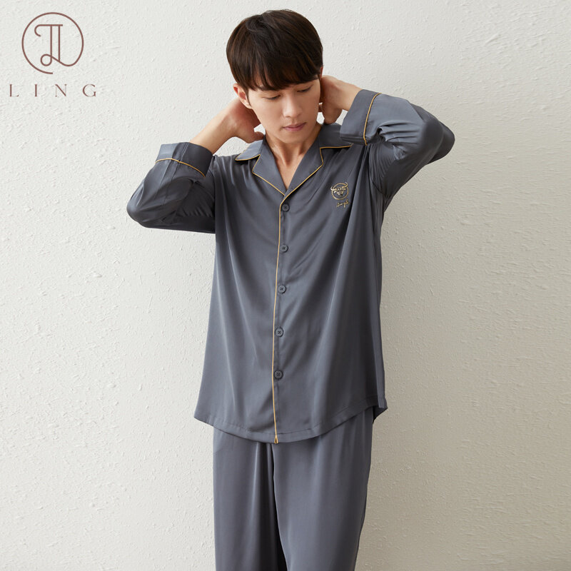 Ling Men's Long Sleeve Pajama Sets 2 Pcs Silk Satin Men's Sleep Lounge Sleepwear Sample Style 2 Pcs Sets Elastic Waist