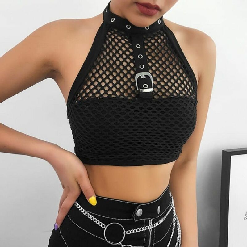 Female Sexy Gothic Buckle With Necklace Clubwear Party Camisole Top Gothic Cami Punk Crop Top Choker Halter
