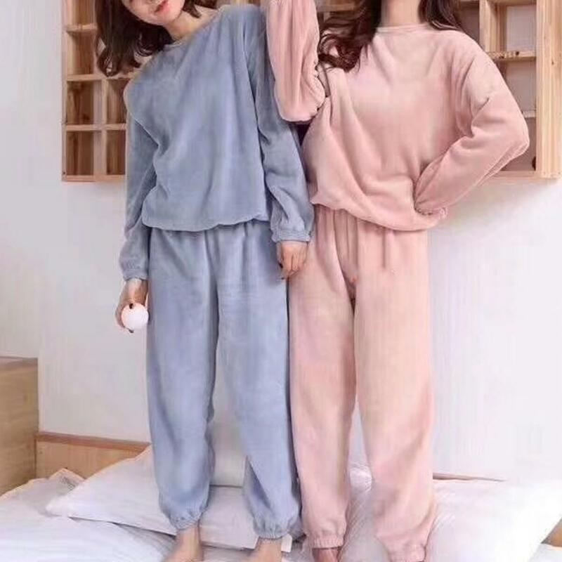 Pijama feminino confortável para casa, conjuntos de pijama aconchegantes, tops de manga comprida, calça elástica na cintura, loungewear macio com bolsos