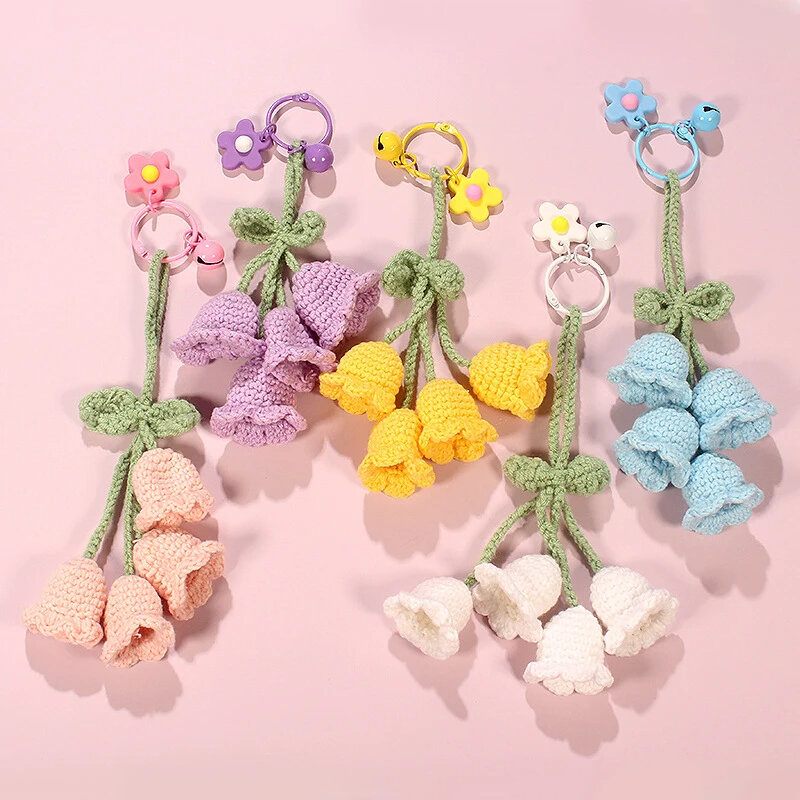 Handmade malha chaveiro para mulheres, Fio Crochet Bell orquídea flor saco pingentes, Chaveiro do carro, novo presente de moda