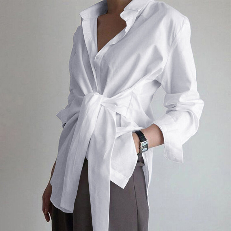 Рубашка с запахом, удобная повседневная модная офисная блузка с длинным рукавом, с поясом, однотонная, на весну