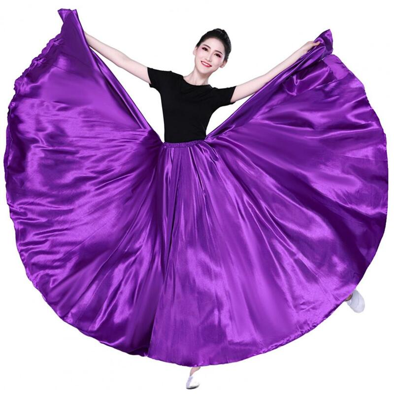 Long Spanish Skirt Elegant Satin Performance Skirt with High Elastic Waist Pleated Super Big Hem for Spanish Dance Swing Dancing