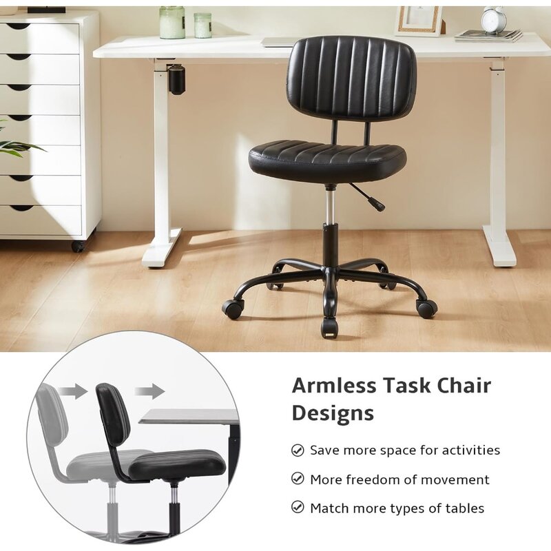 Small Office Computer Desk Chair with Wheels and Lumbar Support, Comfy Cute Armlees PU Leather Vanity Rolling