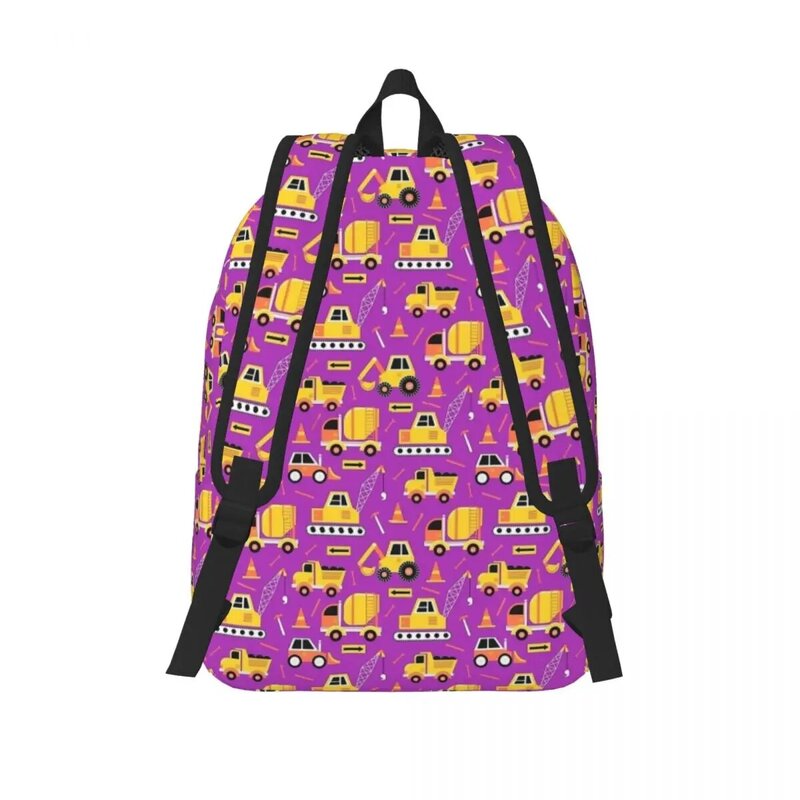 Camión de construcción en mochila púrpura brillante para niños, bolsas de libros escolares para estudiantes, paquete de día de lona, bolsa primaria preescolar con bolsillo