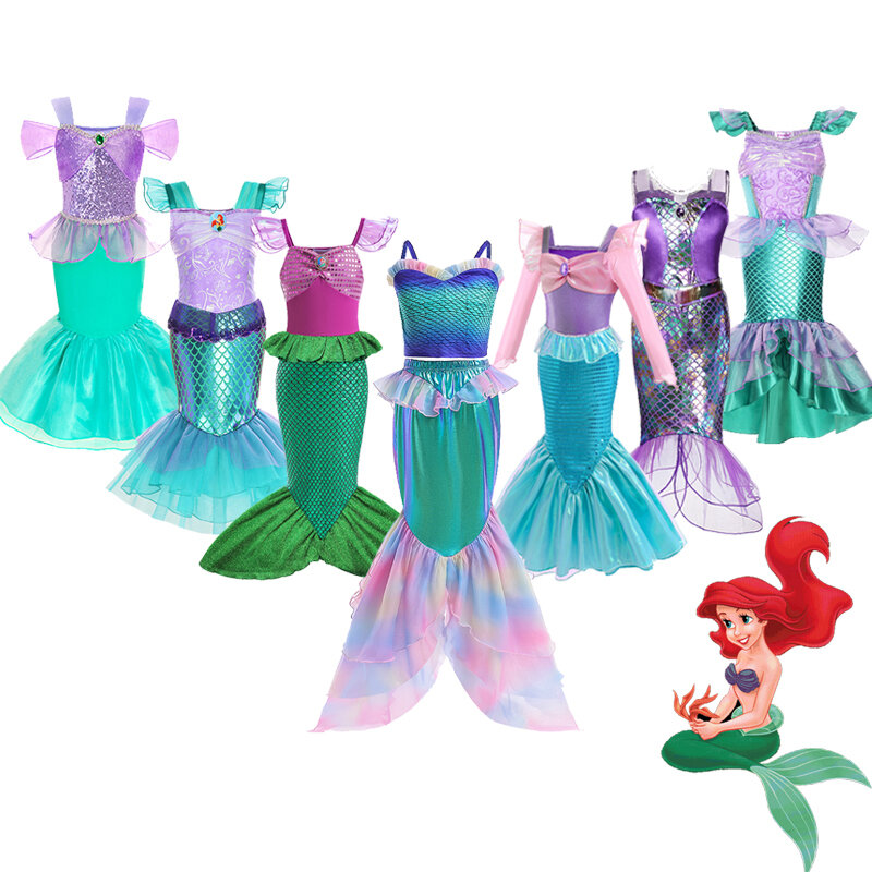 Gaun putri duyung kecil, kostum putri Ariel, gaun ekor panjang untuk anak perempuan, Cosplay karnaval, pesta ulang tahun, gaun putri duyung