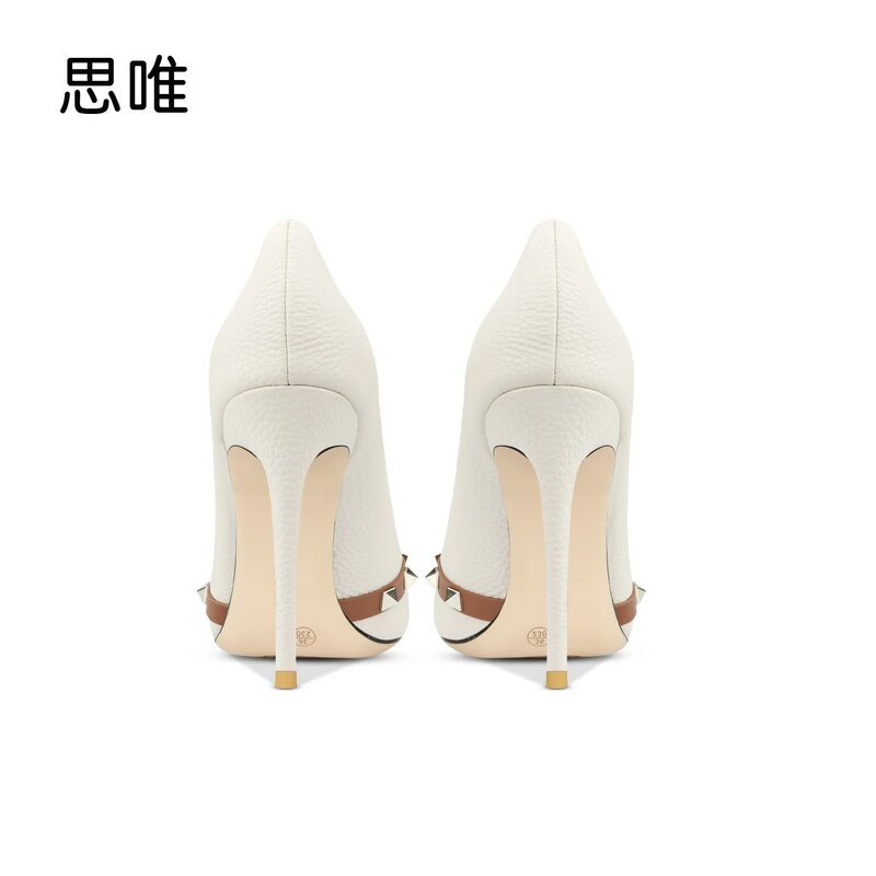 Zapatos de tacón fino puntiagudos para mujer, calzado de cuero genuino con remaches, Sexy, clásico, elegante, 8-10cm