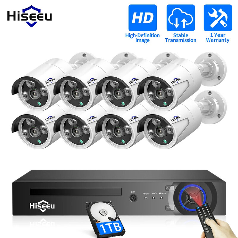 Hiseeu 5MP 3MP H.265 8CH POE Set sistem kamera pengintai keamanan tahan air perekam Audio IP rumah CCTV Video NVR