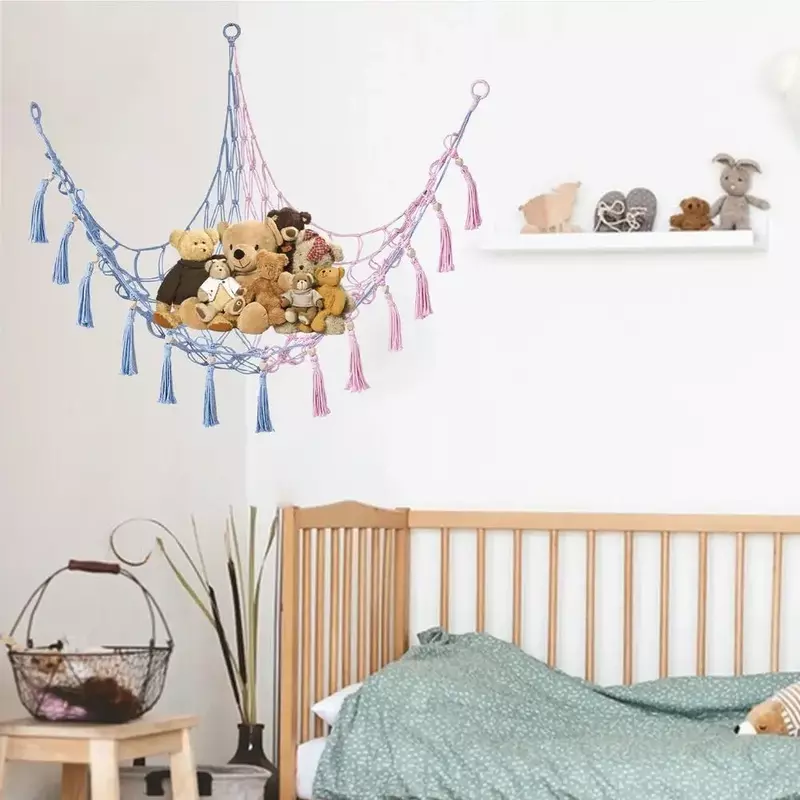 Tempat tidur gantung mainan boneka binatang, Organizer penyimpanan mainan anak-anak, hemat ruang, jaring tali katun warna-warni untuk dekorasi kamar anak-anak