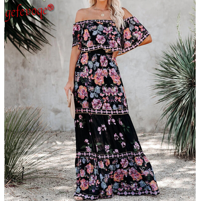 Bohemian Slash Neck Off Shoulder Fashion Dress Women's Clothing Flounced Edge Short Sleeve Floral Print Summer Elegant Sundress