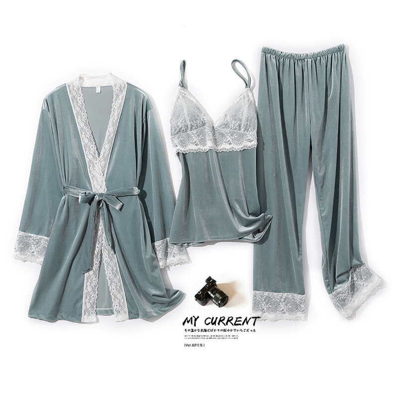 Herfst Winter Fluwelen Kant Trim Nachtkleding Vrouwen 3 Stuks Pyjama Set Sexy Kimono Badjas Nachtkleding Losse Homewear Loungewear
