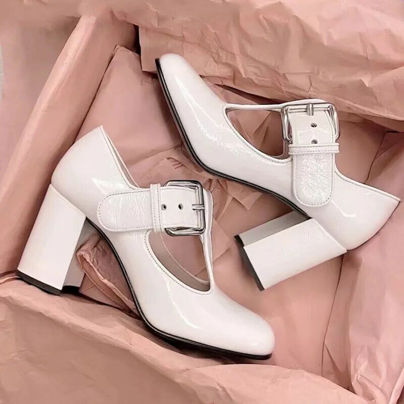 Chunky Heel Square Toe Mary Jane Shoes 2024 Summer New Women's Black Patent Leather High Heels Round Toe Ankle Strap Shoes