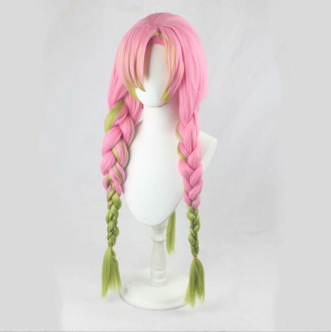 Anime Kanroji Mitsuri Kanroji Cosplay Wig Long Pink Green With Three Braids Wig Heat Resistant Synthetic Hair Wigs