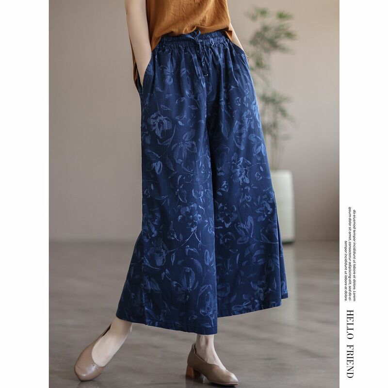Summer Cotton Printing Casual High Waist Women's Clothing Vintage Comfortable Straight Trousers Ladies Elastic Wide Leg Pants