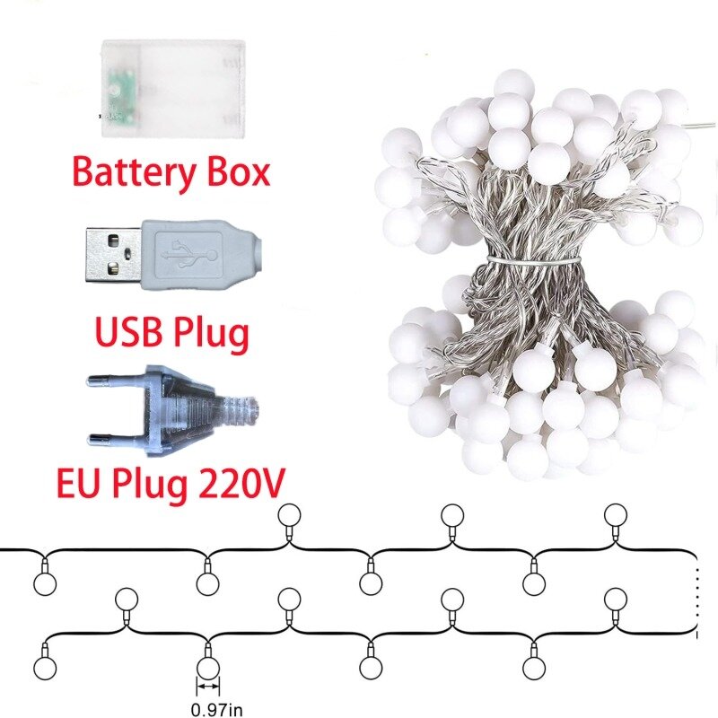 USB LEDボールガーランド,バッテリー駆動,妖精,屋外,寝室,クリスマス,休暇,結婚式の装飾