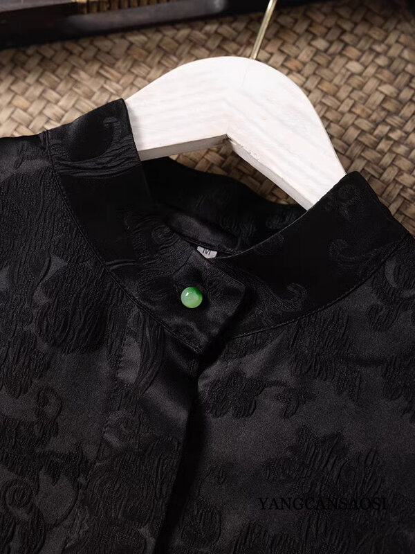 女性のための長袖シャツ,エンボス加工の花が付いた黒いシルクの服,48.8% 天然のエクササイズシャツ,48.2% の植物,新しいファッション,2024