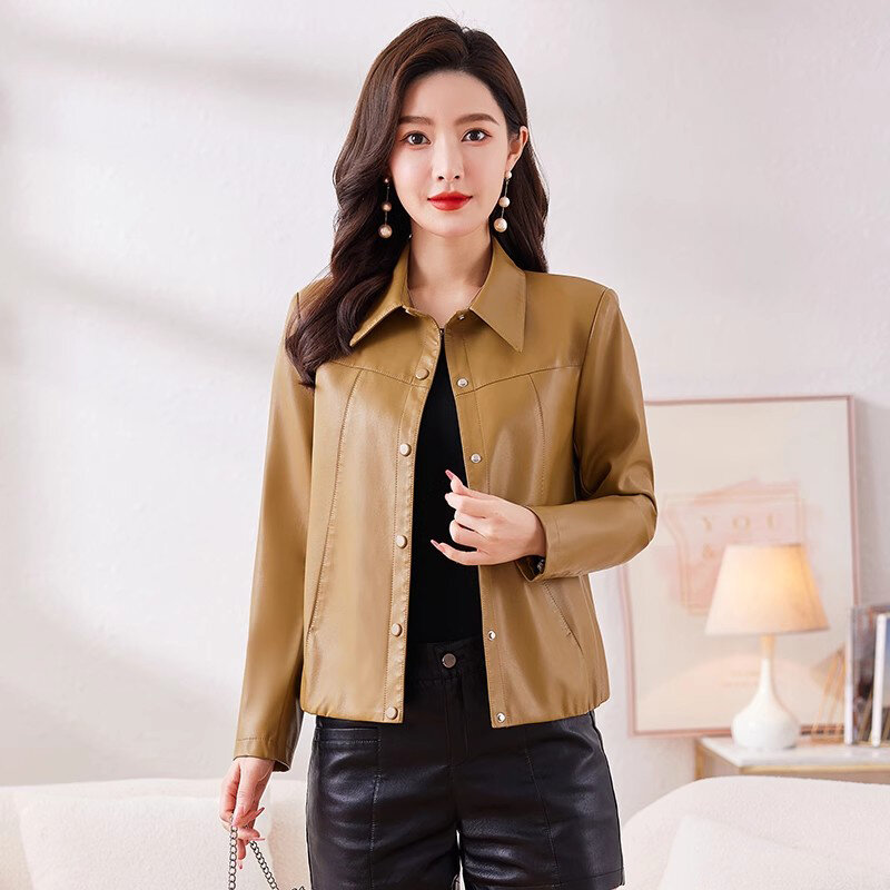 New Women Short Leather Coat Spring Autumn Fashion Turn-down Collar Single Breasted Casual Slim Jacket Split Leather Outerwear