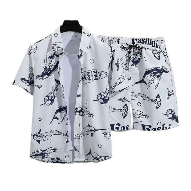 Koszulka z krótkim rękawkiem zestaw hawajski styl ze wzorem koszuli elastyczny spodenki ze sznurkiem strój plażowy dla mężczyzn 2 sztuk/zestaw tropikalny