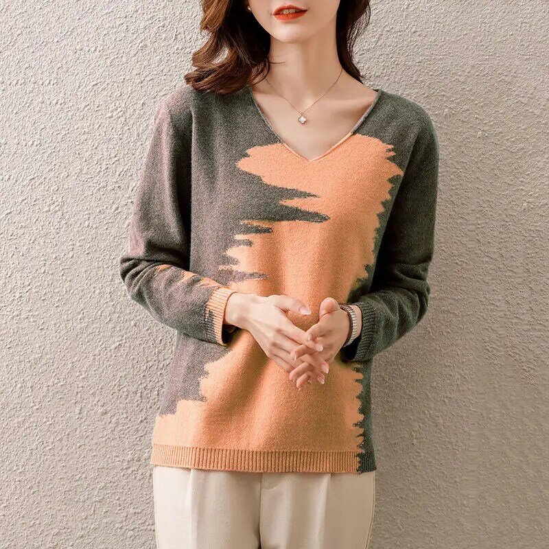 Jesienno-zimowa damska koreański kontrastowy kolor V dekolt z dzianiny w stylu Casual sweter prosty długi rękaw Street luźny sweter Top sweter damski