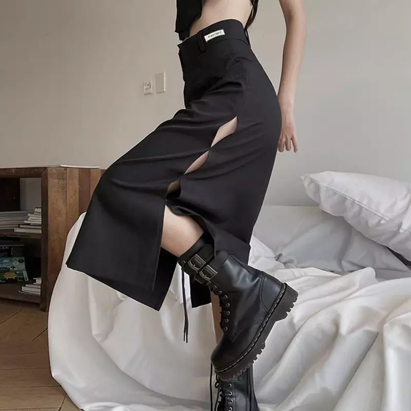 Женская юбка средней длины с разрезом, черная Повседневная офисная юбка с высокой талией, готическая юбка с вырезами, лето 2023