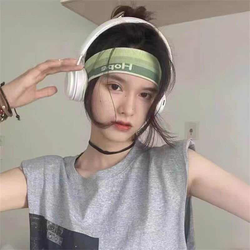 Tendência nova mulher cor letra impresso algodão faixa de cabelo malha gradiente esportes bandana antitranspirante headwear