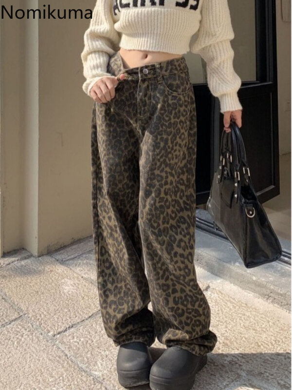 Pantaloni Vintage con stampa leopardata Pantalon Femme pantaloni a gamba larga donna vita alta Jeans dritti Y2k pantaloni Jeans coreani moda Casual