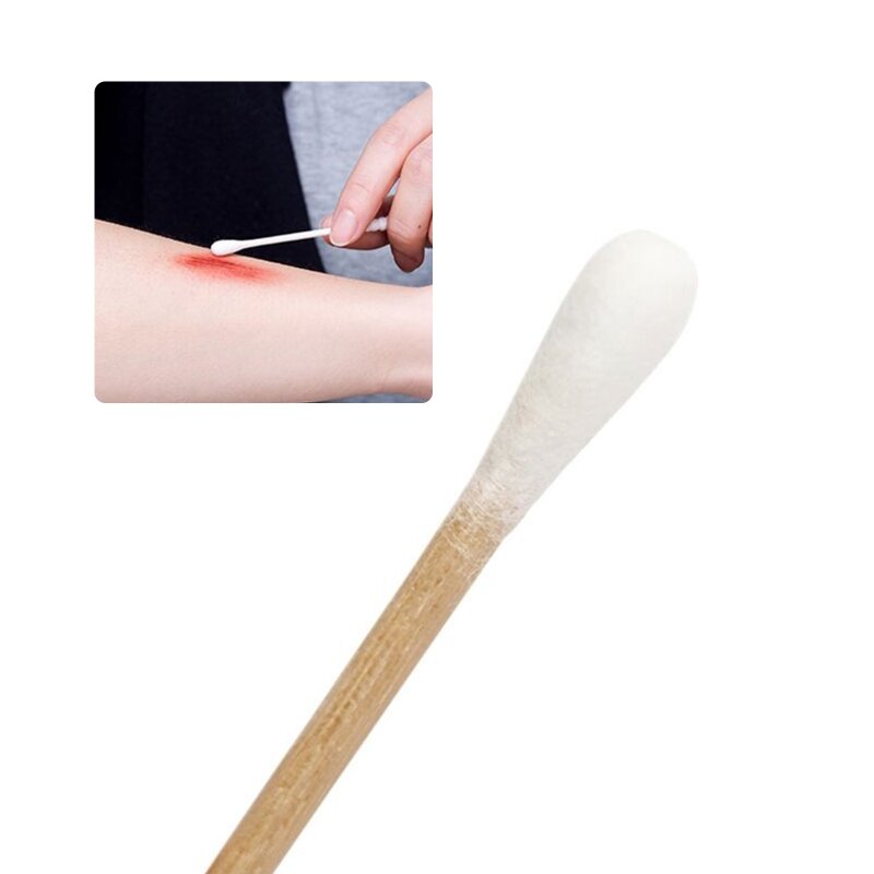 E1YE 100/200Pcs 6 Inch Long Wooden Handle Cotton Swabs Single-Head Cleaning Sterile Sticks Applicator for Wound Clean Makeup