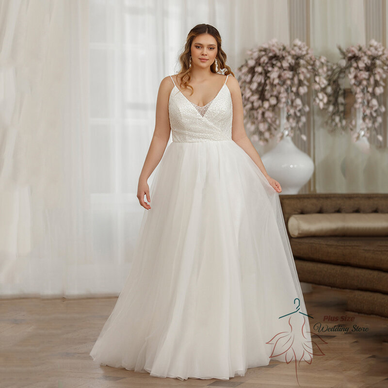 Modern Wedding Dresses Plus Size 2023 V-Neck Spaghetti Straps Bride Gowns With Sequined A-Line Sweep Train Robe De Mariée