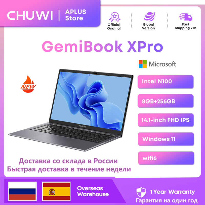 CHUWI-Ordinateur portable GemiPleXPro, ordinateur portable Windows 11, 8 Go de RAM, 256 Go de SSD, Intel Alder Lake N100 14.1, 1920X1080, écran FHD, ventilateur de refroidissement