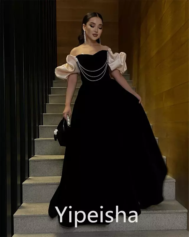 Yipeisha Prom Dress Exquise Retro Off-The-Shoulder A-Line Celebrity Kralen Contouren Satijn Op Maat
