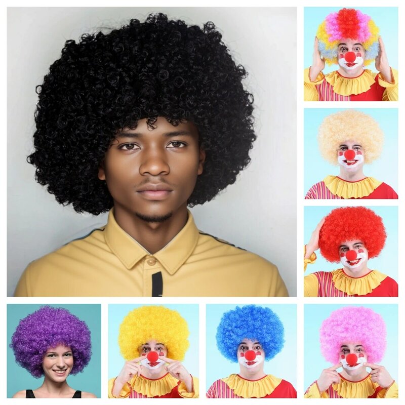 Wig rambut keriting Afro pendek topi rambut Afro halus keriting karnaval aksesoris pesta Halloween Hari anak-anak penutup kepala badut lucu
