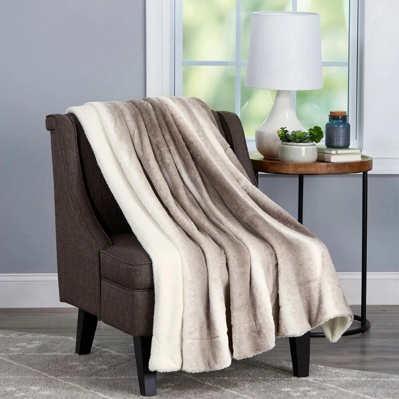 Faux Rabbit Fur and Sherpa Throw Blanket for Adult - 60”x70”(Cream Beige)