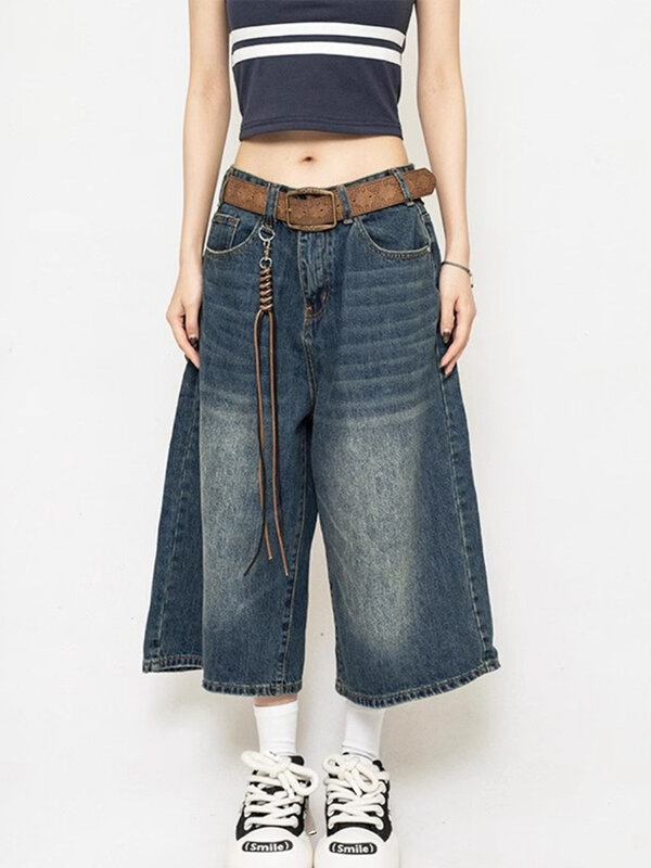 Y2k Women Street Style Baggy Denim Shorts Wide Leg Short Pants Fashion High Waisted Wash Jeans Female Casual Straight Pants