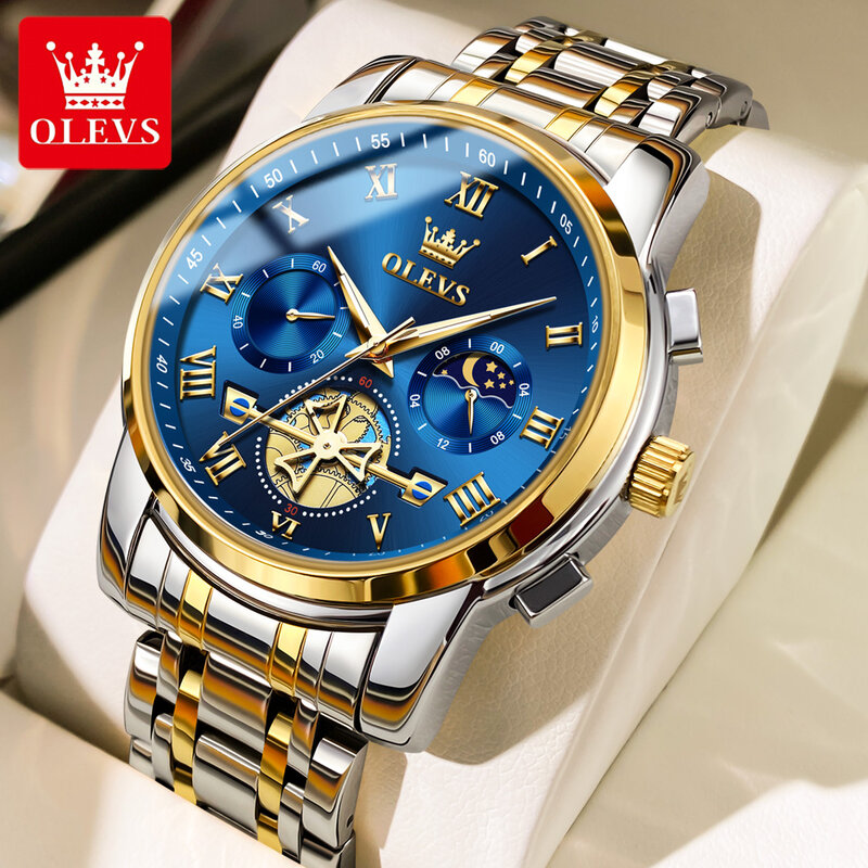 Olevs-メンズステンレススチール腕時計、クォーツ時計、防水、発光、クロノグラフ、高級、2859