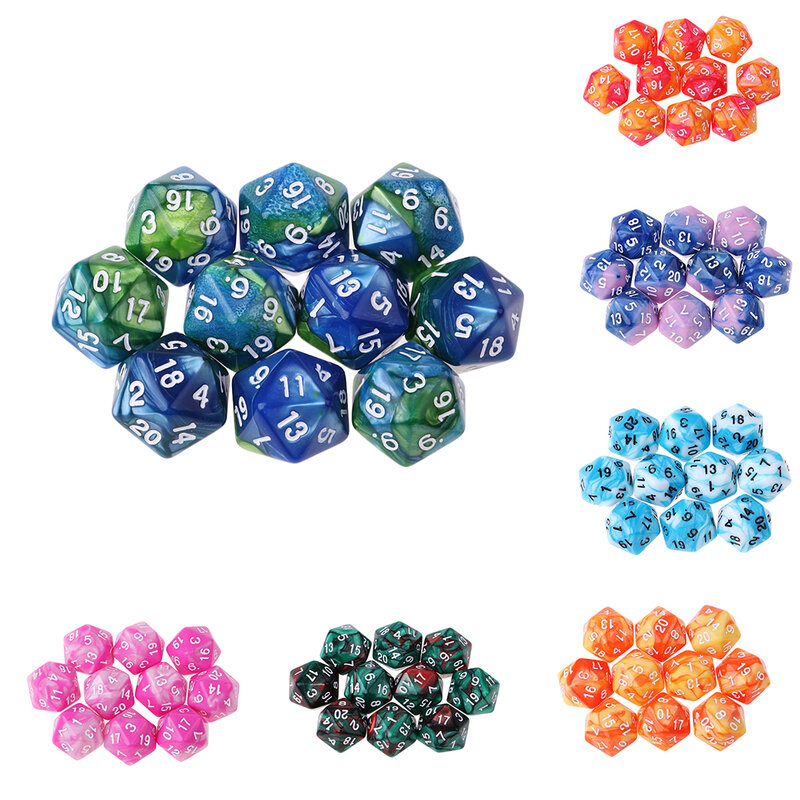 10pcs/Set D20 Colored Acrylic Polyhedral Dice 20-sided Dice Game Set Two-COLORS Swirl DND Dice Set for D&D TRPG Board Game Dice