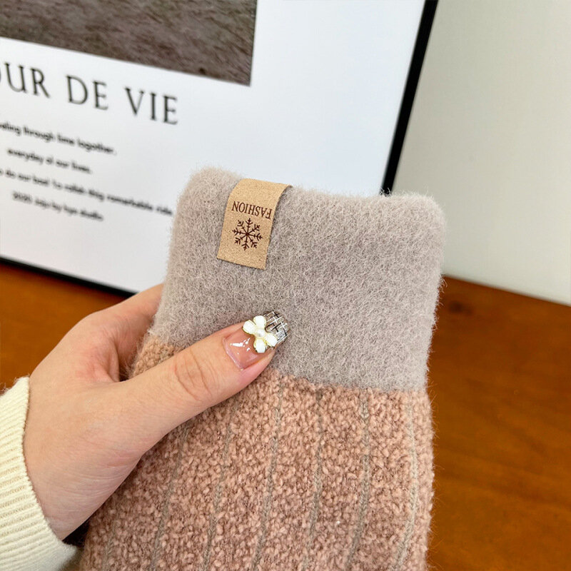 New Women Winter Keep Warm Plus Cashmere Stripe Elasticity Soft Full Fingers Mittens Gloves Knitted Cute Lovely Thickened