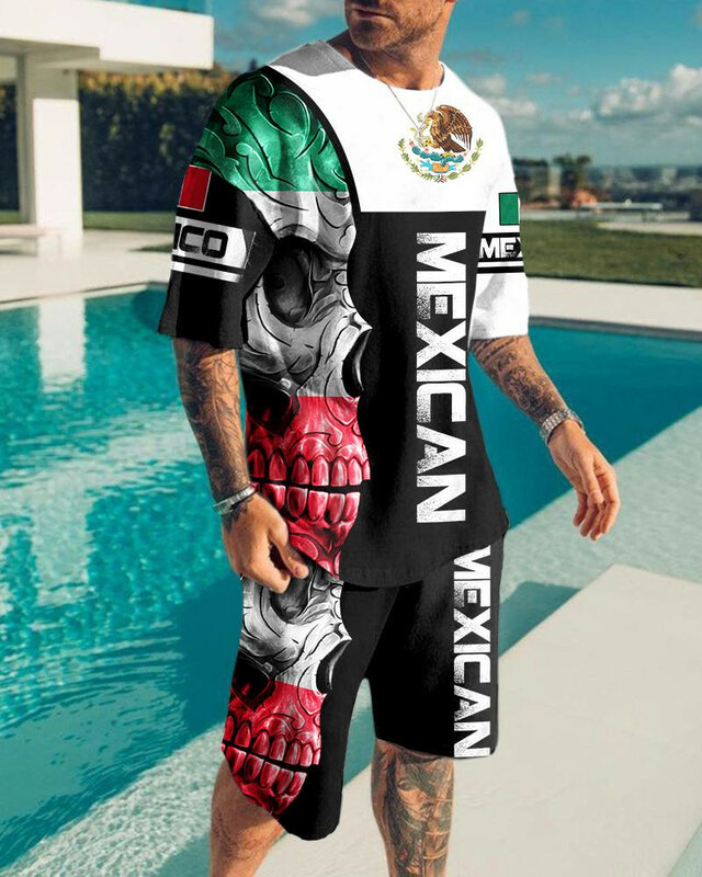 여름 남자 세트 반바지 남성 의류 거리 T 셔츠 두 조각 3D 인쇄 캐주얼 O-Neck 트랙수트 대형 비치 스포웨어