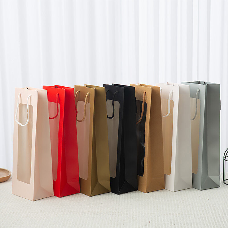 透明なPVCクラフト紙袋,長方形のギフト包装袋,フラワードール,シングルレッド,ワイントートバッグ,窓,透明,新しいスタイル