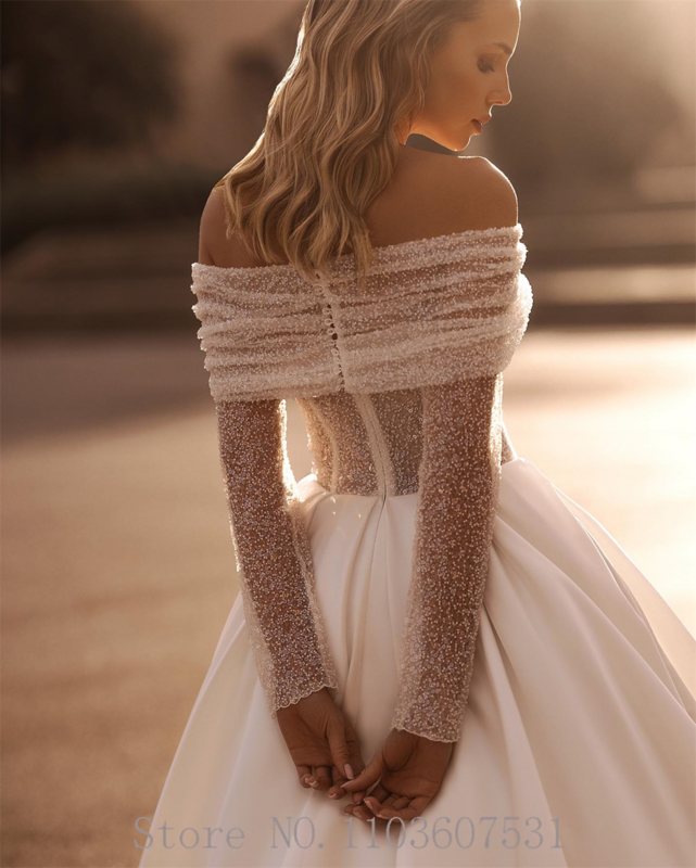 Gaun pernikahan atas bermanik bahu Satin elegan untuk wanita gaun pesta istana putri dengan lengan yang dapat dilepas