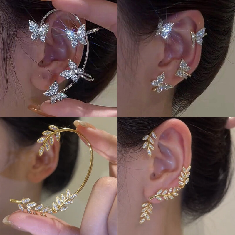 Boucles d'oreilles à Clip papillon en feuille de métal plaqué argent pour femmes, Clips d'oreille sans Piercing, Zircon étincelant, manchette d'oreille, bijoux de mode