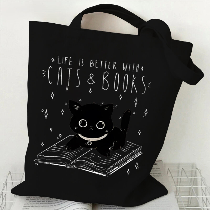 Life Is Better with Cats & Books Canvas Tote Bag Women Cute Cat Shopping Bags Student Literary Book Shoulder Bag Cartoon Handbag
