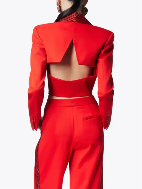Conjunto de calças formais para mulheres, calça sexy, blazer curto, jaqueta e calça, lapela de cristal, roupa de trabalho Hollow Business, vermelho e preto, 2 PCs