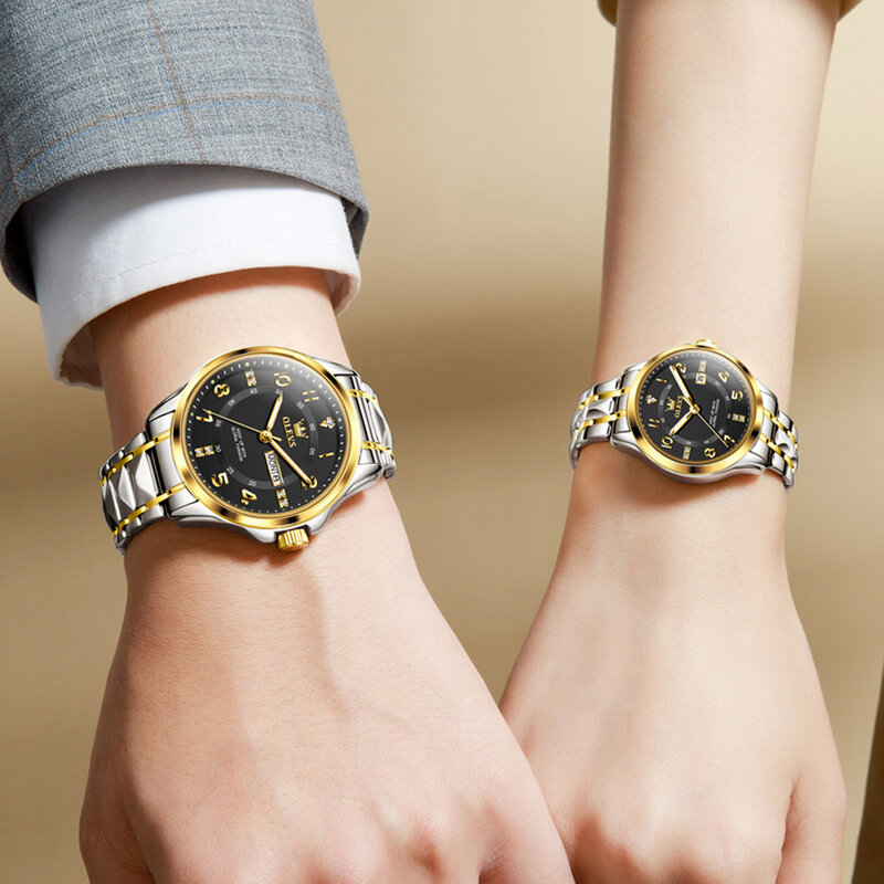 OLEVS-par de relojes de pareja de marca de lujo para hombres y mujeres, reloj de pulsera de cuarzo dorado clásico, resistente al agua, con fecha, juego de amantes, Original