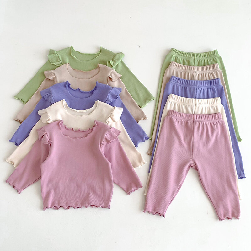 Camiseta de manga larga para bebés y niñas, traje de Color sólido y pantalones, pijamas para recién nacidos, conjuntos de ropa