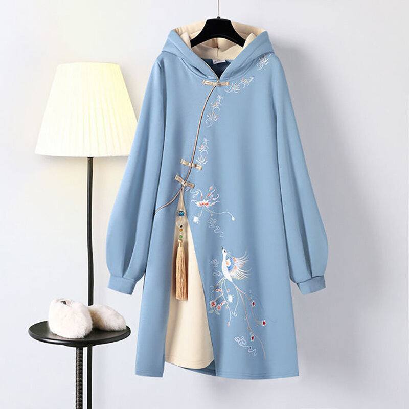 Frauen Winter Chinesischen Stil Hoodies Sweatshirt Kleid Hanfu Langarm Stickerei Verdicken Cheongsam Plus Größe 4XL Vestidos