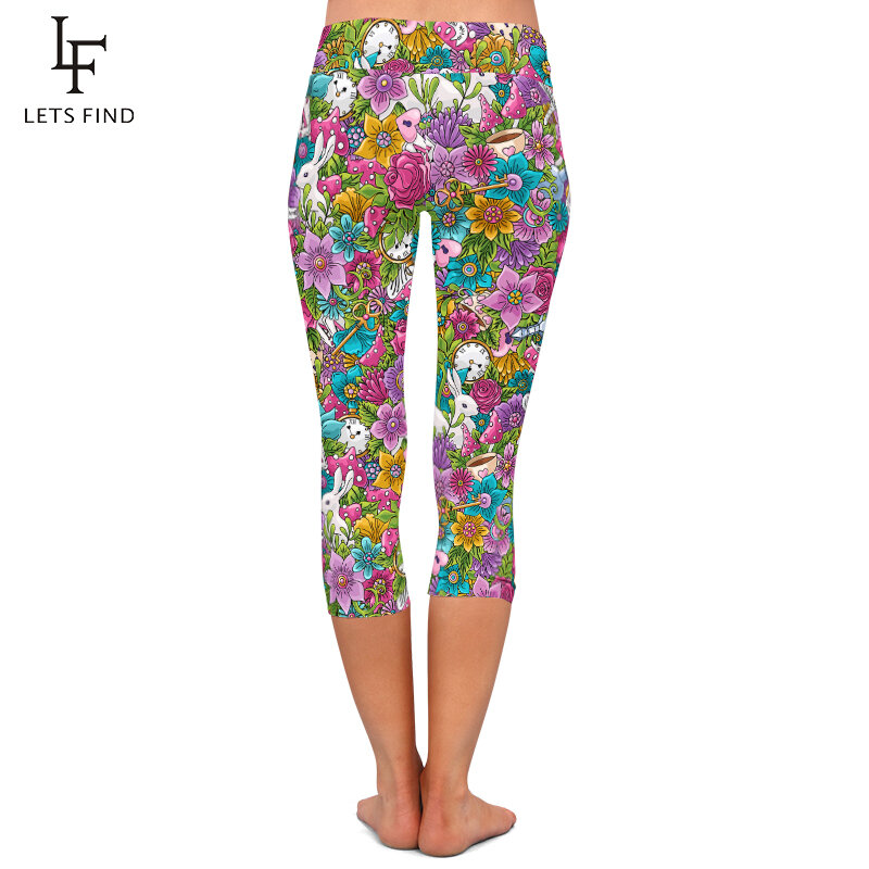 LETSFIND-Leggings Capri estampadas para mulheres, calças fitness de cintura alta, flores coloridas, café coelho, moda verão