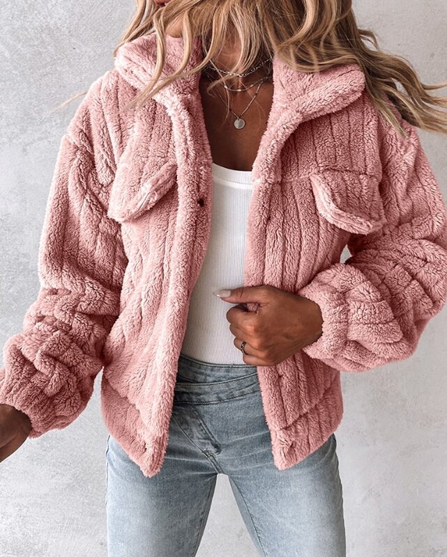 New Casual Elegant Jacket 2023 Autumn and Winter Daily Casual Fashion Commuter Turn-Down Collar Buttoned Teddy Jacket for Women
