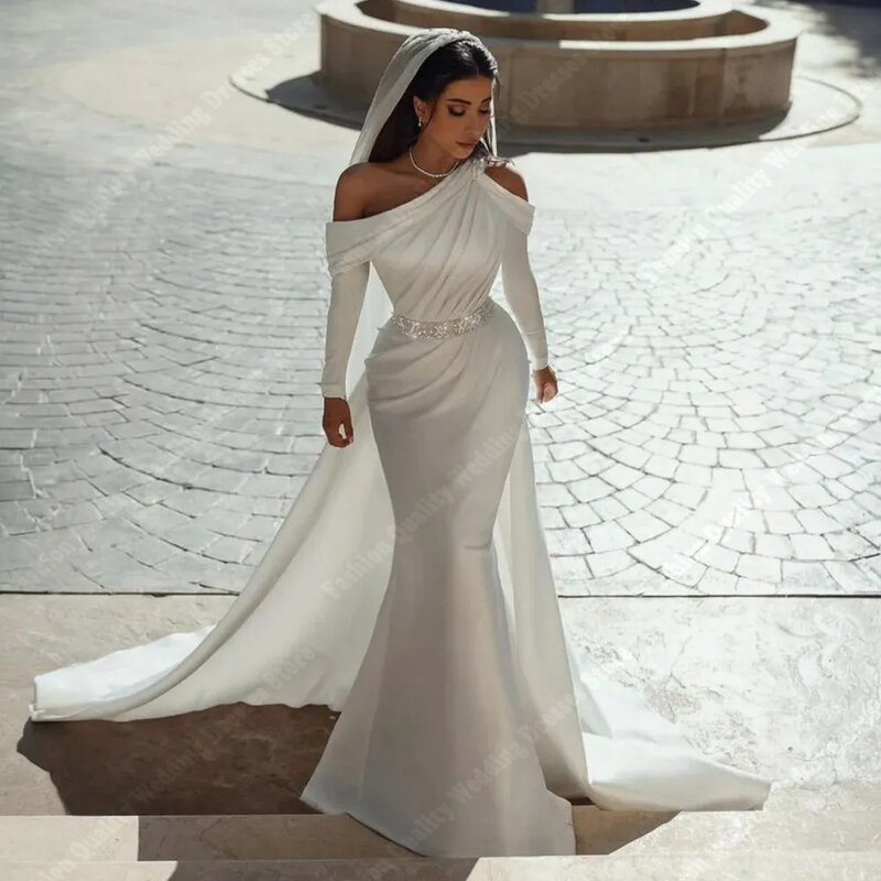Gaun pernikahan permukaan Satin kualitas tinggi Sederhana V dalam mengepel panjang jubah pengantin putri duyung bungkus bokong gaun pengantin